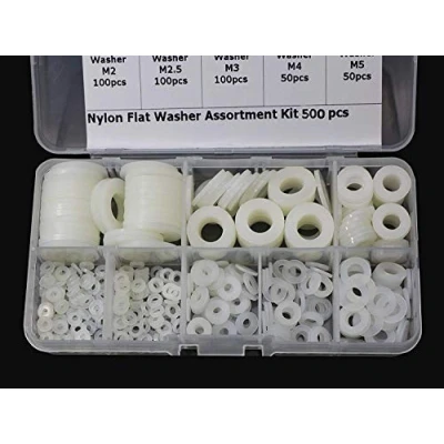 Immagine di Rondelle Plastica M2 M2.5 M3 M4 M5 M6 M8 M10 Rondella Nylon Piatte Assortimento 500 pezzi