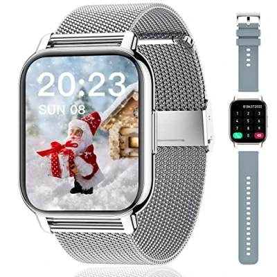 Immagine di Popglory Smartwatch Uomo Donna, 2 cinturini Orologio Chiamate e Whatsapp, Contapassi Assistente Vocale, Digitale 24H Cardiofrequenzimetro, Pressione Sanguigna SpO2 Sonno, per Android iOS