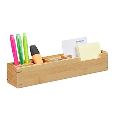 Immagine di Relaxdays Portaoggetti da Scrivania in Bambù, 11 Scomparti, Organizzatore Ufficio &amp; Studio, HLP 6 x 32 7 cm, legno