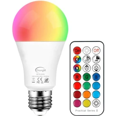 Immagine di Lampadina a LED RGBW, Dimmerabile, RGB+ Bianco Caldo 2700K da 10W, Cambiare Colore Multicolore con Telecomando, Perfetto per Party Decorazione