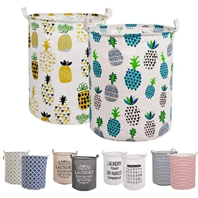 Immagine di LessMo 2PCS 17.7 &quot;Cestello portaoggetti per cesto della biancheria, cesti biancheria pop up pieghevoli, lino cotone impermeabile rotondo (ananas, Ispessito 17,7 &quot;/ Medio)