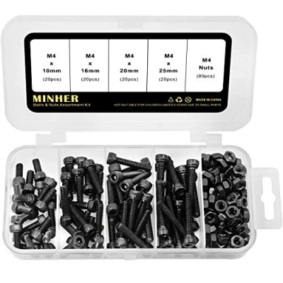 Immagine di M4 Viti a Testa Esagonale con Esagono Incassato Kit di Bullone e Dadi 10mm 16mm 20mm 25mm (Nero 12,9 Acciaio al Carbonio)