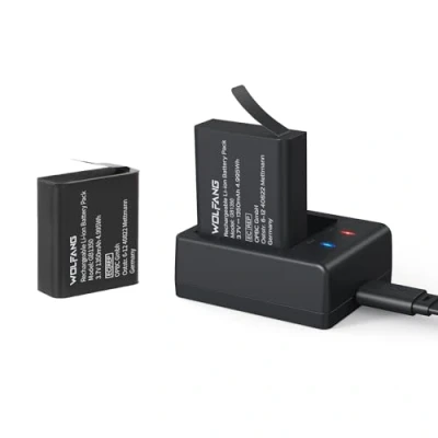 Immagine di WOLFANG Action Camera GB1350 Batteria 1350mAh ricaricabile (2 pezzi) con caricatore USB Cargador GA100/GA120/GA200/GA300
