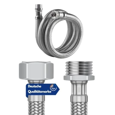 Immagine di DVGW tubo flessibile certificato 3/8 e 1/2&quot; con guarnizioni, di collegamento, prolunga corazzato, dado raccordo da x filettatura esterna 1/2&quot;, 100 cm