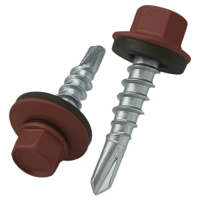 Immagine di 4.8 mm x 35 viti per tetti, testa esagonale autoperforanti colorate (RAL 3009 Rosso ossido) tetti con rondella di tenuta in EPDM, temprate zincate antiruggine (50 pezzi)