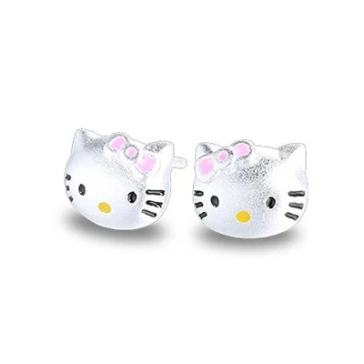 Immagine di Findout Orecchini in argento da donna a bottone con gatto helokitte sterling 925 per donne, ragazze e bambini Regalo di compleanno