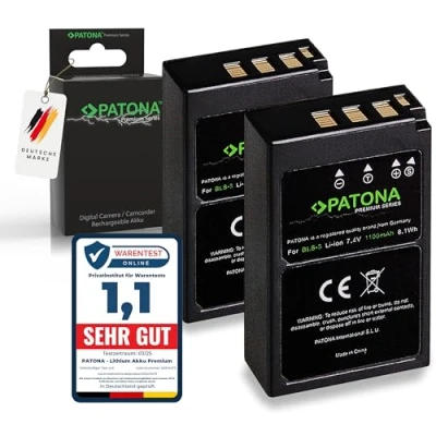 Immagine di PATONA 2x Premium Batteria Ricambio per Olympus BLS 5 50 Batterie 1100mAh Compatibile con BLS5, E 450, OMD M10, Stylus 1, PL5, PL6, PL7, PL8, PL9, PL10
