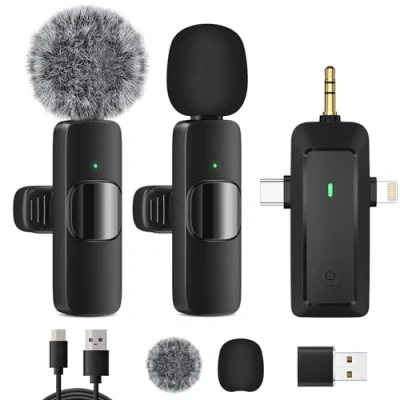 Immagine di HMKCH microfono Lavalier Wireless per iPhone/Telefono Android/Telecamera/Computer/Laptop, professionale a doppio risvolto con connettore USB C/3,5 mm/USB registrazione video, Vlog