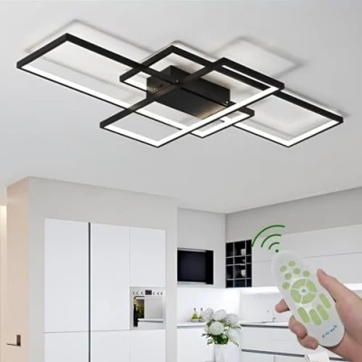 Immagine di Plafoniera A LED Soggiorno Dimmerabile Soffitto Lamp Moderno Quadrato Designer Lampada Sospensione Con Telecomando Cucina Sala Da Pranzo Ufficio Scala Lampadari,Nero,110x60x6.5cm