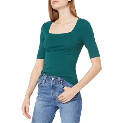 Immagine di Amazon Essentials T Shirt Aderente con Scollo Quadrato e Mezze Maniche Donna, Verde Scuro, XL