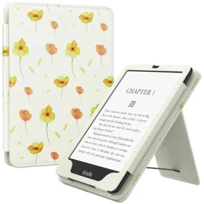 Immagine di MoKo Custodia Compatibile Con 7&quot;/6.8&quot; Kindle Paperwhite(12th/11th Generazione 2024/2021), Magnete Riattivazione e Standby, Supporto Verticale Cinturino per Presa a Mano, Fiori su Bianco