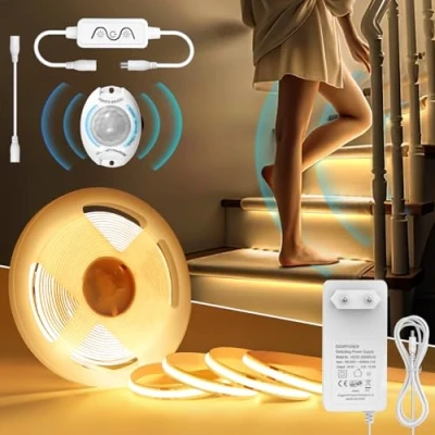 Immagine di öuesen Striscia LED COB 3 Metri con Sensore di Movimento, Strisce Bianco Caldo 3000K, Strip Dimmerabile 24V, Luminosa 10 M Auto Adesive Impermeabile IP44, Barra Alimentatore