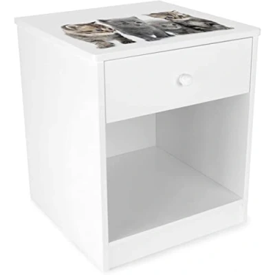 Immagine di Leomark comodino moderno in legno 40cm x 38cm 42cm (A), con cassetto e scompartimento apertoin, per bambini, mobili la cameretta dei bambini stampa colorata Gattini