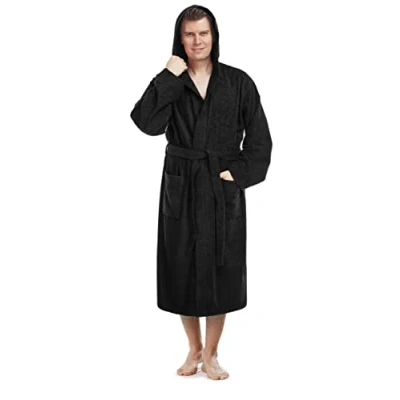 Immagine di Arus Pacific Accappatoio da uomo con cappuccio, lunghezza al polpaccio, 100% cotone spugna, Taglia uomo: XXL, unisex: XXL 3XL, Nero