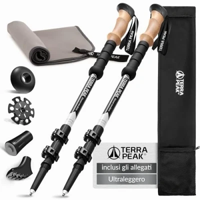 Immagine di Terra Peak Bastoni da trekking telescopici in alluminio, allungabili, ultra leggeri, e nordic walking regolabili, uomo donna con cuscinetto gomma, manico sughero