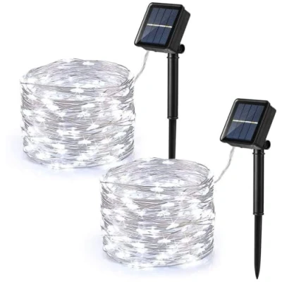 Immagine di PhilzOps [2 Pezzi] Catena Luminosa Solare, 12M 120 LED Stringa Luci Esterno 8 Modalità Impermeabile Decorative Lucine Solari per Natale Patio Giardino Festa Albero Matrimonio, Bianco Freddo