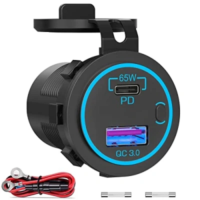 Immagine di 83W Presa USB 12V: porta C PD3.0 da 65 W per laptop e QC3.0 18W caricabatterie 12V Impermeabile con interruttore auto, barca, autobus, camion, camper, ecc.