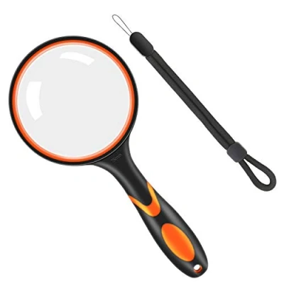Immagine di Vicloon Lente d&#039;ingrandimento 10X, di Ingrandimento da Lettura Manuale, 75mm Portatile con Manico in Gomma Morbida Antiscivolo per Scienza, Leggere Libri, Mappe(Arancia)