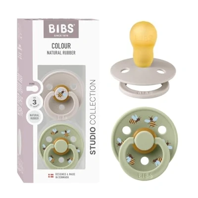 Immagine di BIBS Colour Studio Ciuccio confezione da 2 pezzi. Privo di BPA, Tettarella tonda. Lattice gomma naturale, Prodotto in Danimarca, Taglia 3 (18+ mesi), Mushroom/Sage