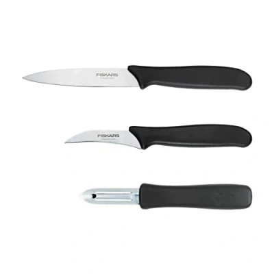 Immagine di Fiskars Set di Sbucciatori, Spelucchino (Lama 11 cm), Coltello per Verdure 7 Pelapatate Essential, Acciaio Inox / Plastica PP, Nero, 1065600