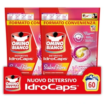 Immagine di Omino Bianco Idrocaps Detersivo Lavatrice in Capsule Salva Fibre, 60 Lavaggi, Efficace a Basse Temperature, Profumo Ninfea Rosa, 30 Caps x 2 Confezioni