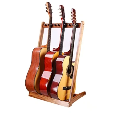 Immagine di Supporto per chitarra,supporto chitarra multiplo in legno,Hilerpunk,supporto da pavimento con slot plettri feltro e pali legno schiuma regolabili