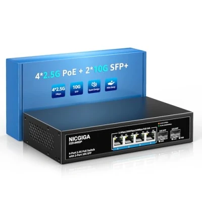 Immagine di NICGIGA 4 Port 2.5G PoE Switch Unmanaged with x 2.5Gb Base T PoE+@78W + 2 10G SFP Uplink, 2.5Gbe IEEE802.3af/at Power Over Ethernet Switch, Support WiFi6 AP, NAS, 4K Camera NVR.