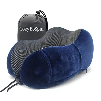 Immagine di Cozy BoSpin cuscino da viaggio portatile di supporto per il collo in memory foam, perfetto lusso, confezione rapida campeggio, riposo del sonno (blu navy)
