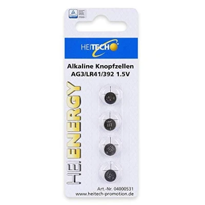 Immagine di HEITECH ‎4000531 Batterie alcaline a bottone, Testate TÜV, AG3/LR41/392, 1.5 V, Confezione da 4