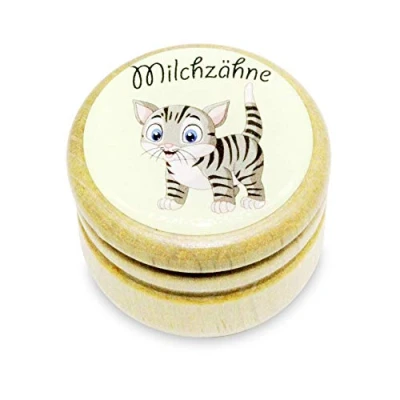 Immagine di GICO Contenitore per denti da latte, con diversi motivi in legno, ragazzi e ragazze, tappo a vite, 44 mm (gatto)