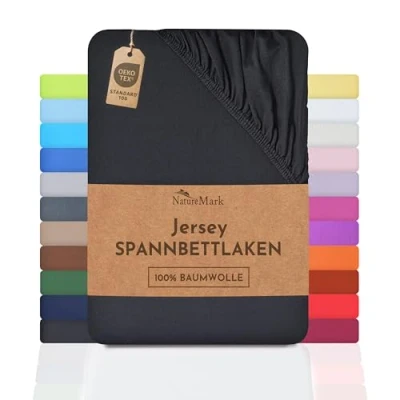 Immagine di NatureMark Lenzuolo con angoli elasticizzati in jersey, 100% cotone, molti colori e misure, conforme all’Oeko Tex Standard 100, 180 x 200 cm cm, nero