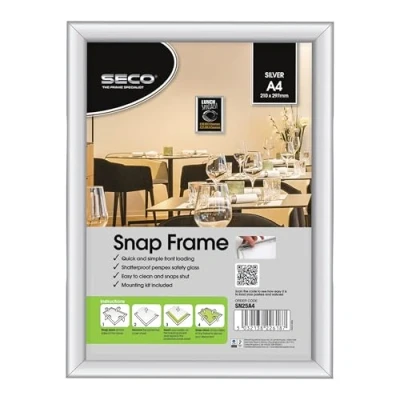 Immagine di SECO Cornice a scatto in alluminio argentato, formato A4, 210 x 297 mm, confezione da 10 (SN25A4 10)