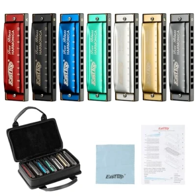 Immagine di East Top Set armonica blues professionale a 10 fori con 7 tasti confezionati, A, B, C, D, E, F, G per Band Player, principianti, studenti, adulti e bambini, come miglior regalo