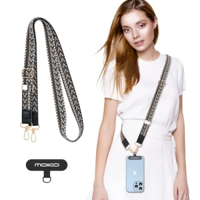 Immagine di MoKo Cordino Universale per Telefono, Catena Intrecciata Cellulare Crossbody Strap antifurto Staccabile Donne Cordini Intorno al Collo con Toppe, Nero &amp; Grigio