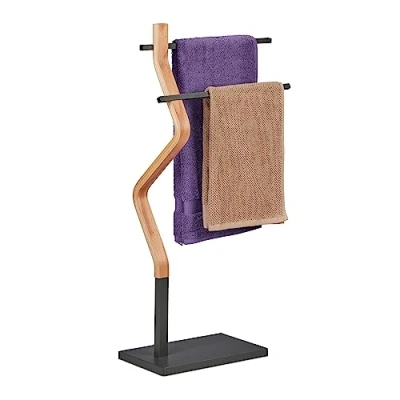 Immagine di Relaxdays Piantana Portasciugamani, da Terra, 2 Bracci, Acciaio MDF, Appendi Asciugamani, 85x43,5x20 cm, Marrone Grigio