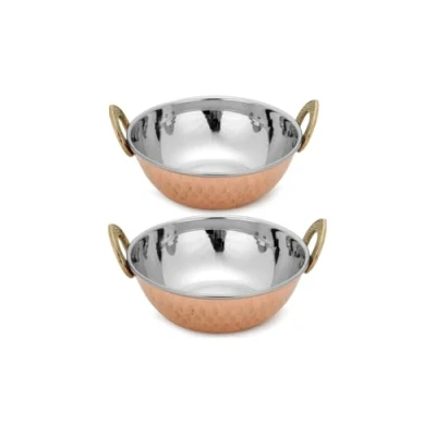 Immagine di Zap Impex Piatto da portata indiano in rame martellato acciaio inox Karahi per piatti indiani e servire curry 2 pezzi, diametro 17 cm