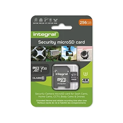 Immagine di Integral Scheda di sicurezza Micro SD da 256 GB per dash cam, videocamere domestiche, CCTV, body cam e droni. Durata prolungata registrazione affidabile volta in con elevata resistenza