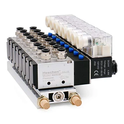 Immagine di Heschen 8 Valvola solenoide per collettore spaziale, 4V210 08, 24VDC, PT1/4&#039;&#039;, 5 vie 2 posizioni, con set di raccordi rapidi silenziatore base