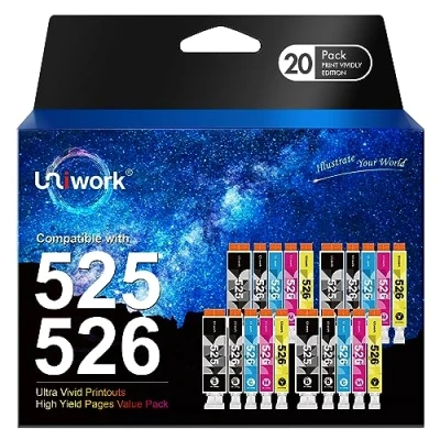 Immagine di Uniwork 20 Pack 525 526 XL Compatibili per Canon PGI CLI Cartucce d&#039;inchiostro Pixma MG5150 MG5350 MG5250 MG6250 IX6150 MX885 MX895 IP4950 IP4850 (Nero Ciano Magenta Giallo)