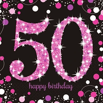 Immagine di amscan Tovaglioli glitterati per il 50 compleanno, 33 cm, 16 pezzi, nero/rosa, 10022251