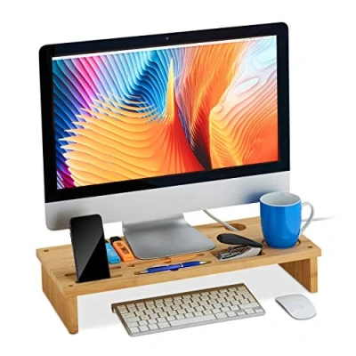 Immagine di Relaxdays Stand Supporto per Monitor in bambù, con Scomparti, Autoportante, Base Rialzata PC e Scrivania, Color Naturale, 1 pz