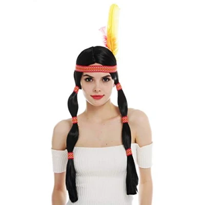 Immagine di WIG ME UP 6081 P103 Parrucca Donna Carnevale Lunga Indiana Selvaggio West Code Nero Fascetta Fronte Piuma