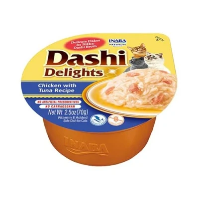 Immagine di INABA Dashi Delights, Delicati Fiocchi in Brodo di Pollo con Tonno Cibo Umido per Gatti Snack Ricco Proteine, Ingredienti Naturali Pasto Complementare 1 x 70gr