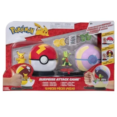 Immagine di Bandai Pokémon Poké Ball attacco Sorpresa Pikachu vs Arcko Gioco combattimento 2 Balls con Loro e 6 dischi d&#039;attacco, licenza ufficiale Giocattolo JW3165
