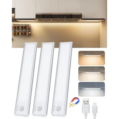 Immagine di Aigostar Luce Armadio con Sensore di Movimento LED Cucina 20.4cm, 3 Pezzi, 1100mAh, Ricaricabile USB C, Luminosità/Colore Regolabile