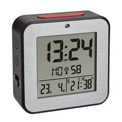 Immagine di TFA Dostmann Radiosveglia digitale 60.2547.54, con 2 allarmi, orologio radio temperatura ambiente, frontale in alluminio, nero, 82 x 33 mm