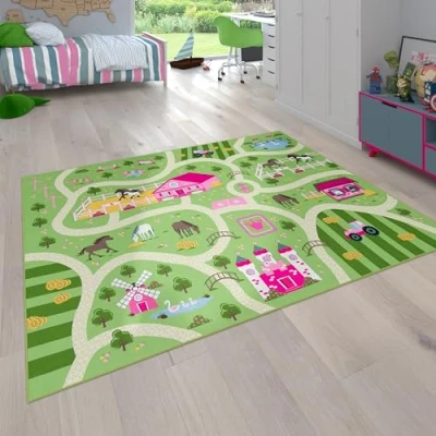 Immagine di Tappeto per bambini, da gioco camere dei Paesaggio e cavalli, In verde, Dimensione:80x150 cm
