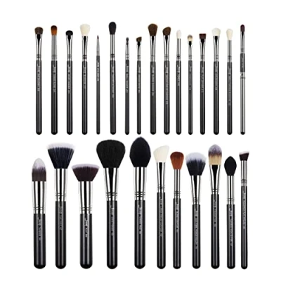 Immagine di Jessup T133 Set di 27 Pennelli Professionali da Trucco, per Fondotinta, Rossetto, Miscelazione e Ombretto, con Setole in Fibra, Accessori Fatti a Mano, Nero/Argento
