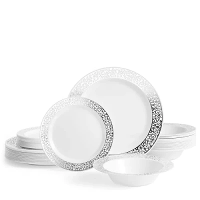 Immagine di Matana 75 Pezzi Piatti e Ciotole in Plastica Bianca con Bordo Argento 25 Piani, Piattini, Stoviglie Elegante Riutilizzabile per Feste, Matrimoni, Compleanni, Picnic