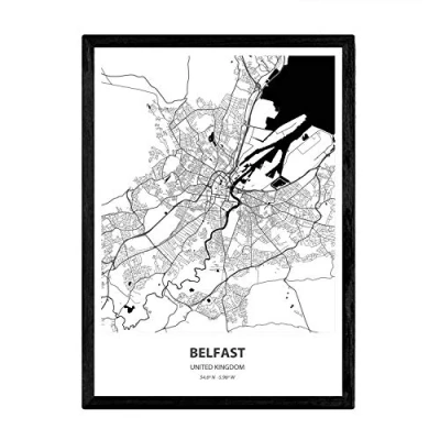 Immagine di Nacnic Poster Mappa di Belfast Regno Unito. Fogli Città Mare del Unito e dei fiumi Colore Nero. Formato A3